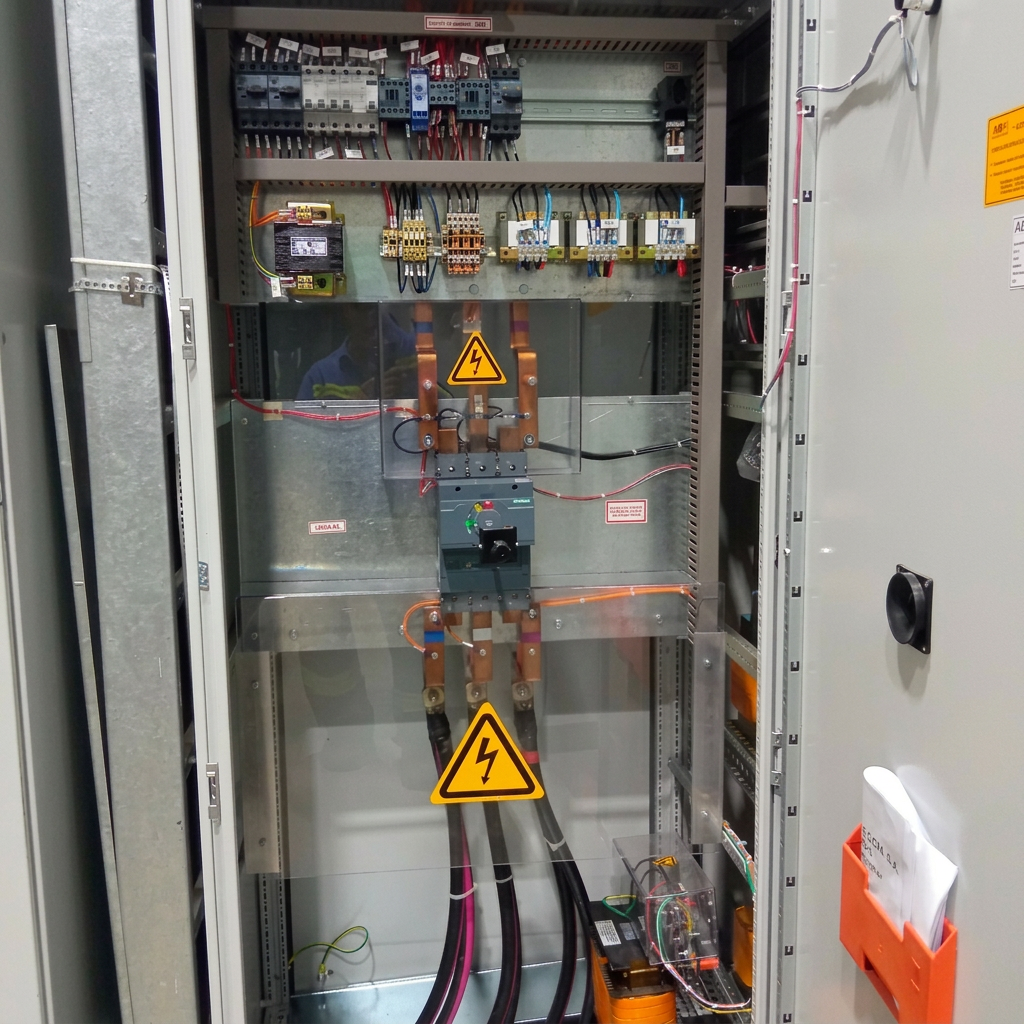 Cabine elétrica de média tensão com barramentos e sinalização de segurança